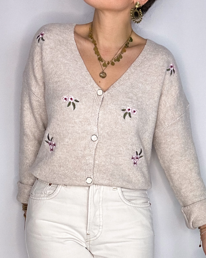 Gilet Alex beige fleurs roses Les Simones