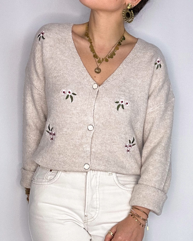 Gilet Alex beige fleurs roses Les Simones