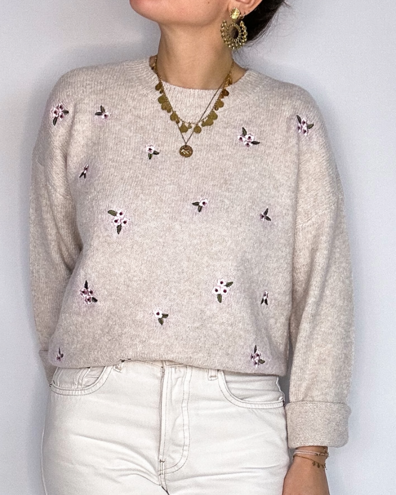 Pull Marius beige fleurs roses Les Simones