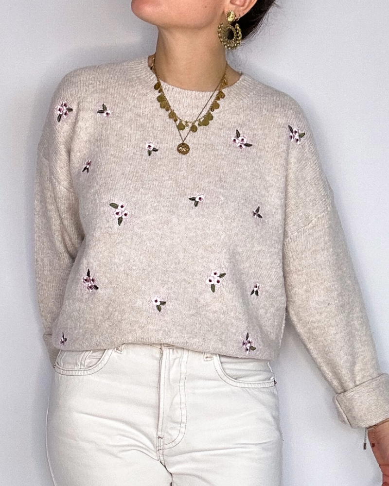 Pull Marius beige fleurs roses Les Simones